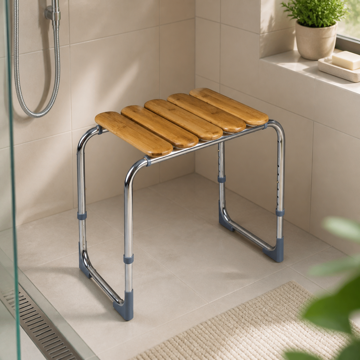 RIDDER Pro height-adjustable bathroom stool, bamboo
