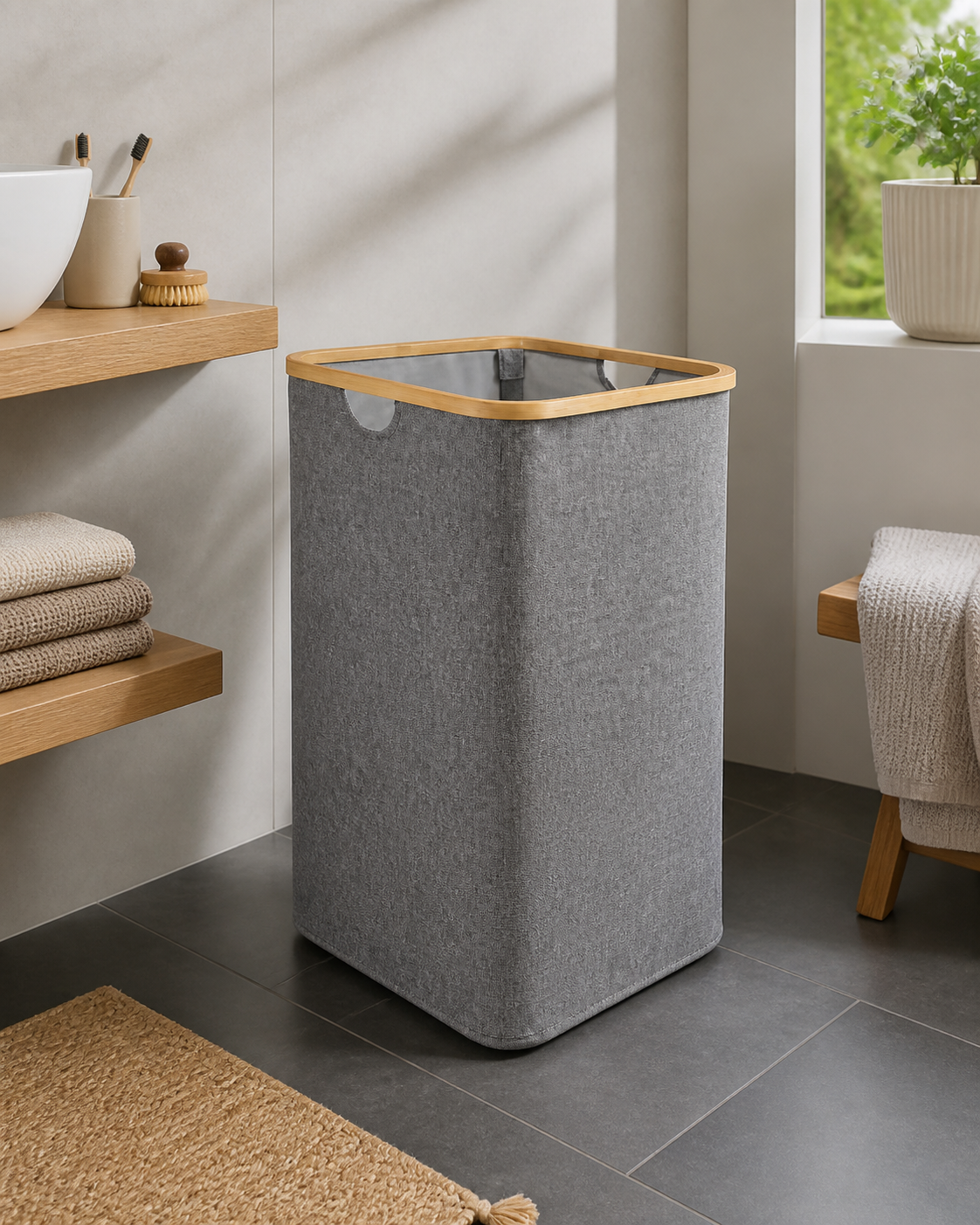 RIDDER Rica laundry basket, grey linen/bamboo