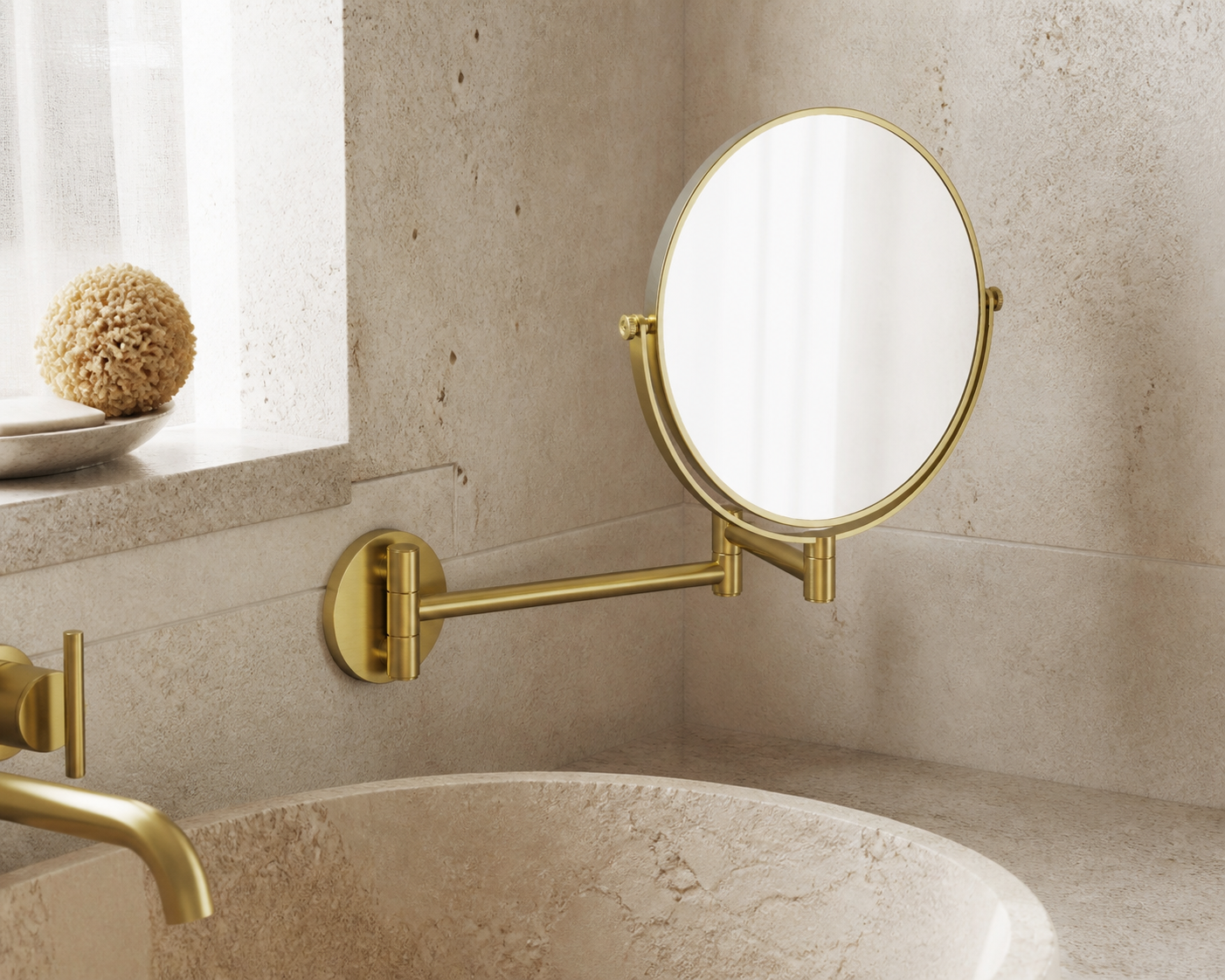 Round - косметическое зеркало на подвижном кронштейне, брашированное золото