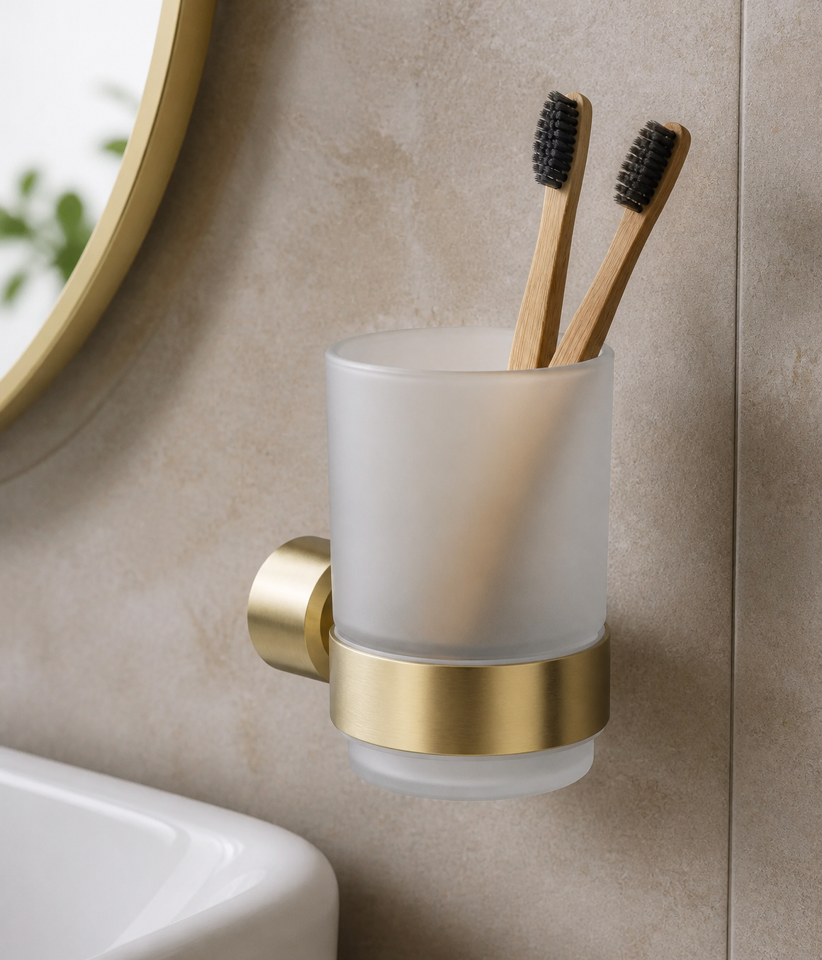 Deante Arnika brushed gold wall-mounted bathroom tumbler lifestyle