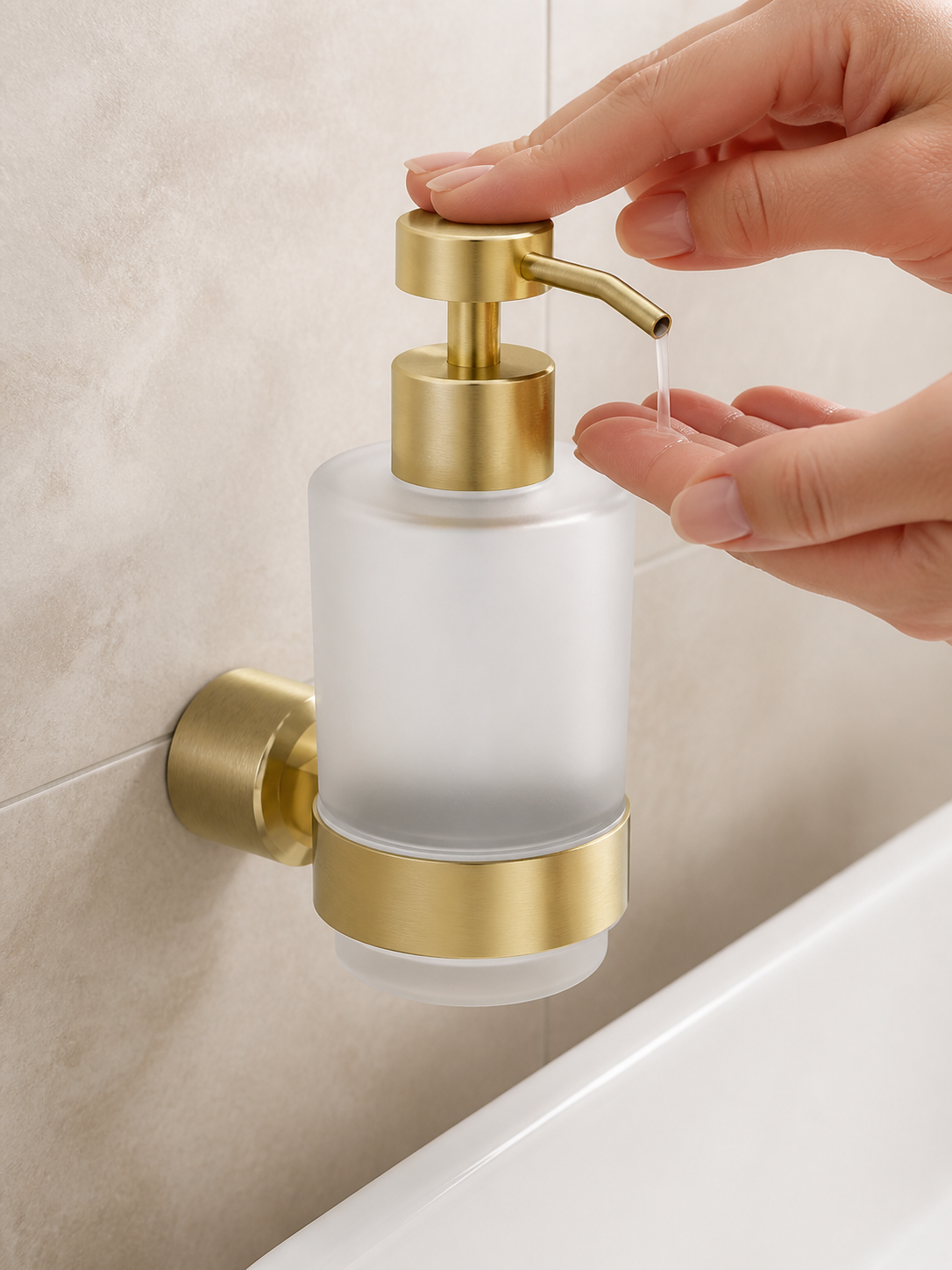 Deante Arnika ADI_R421 brushed gold wall-mounted soap dispenser lifestyle