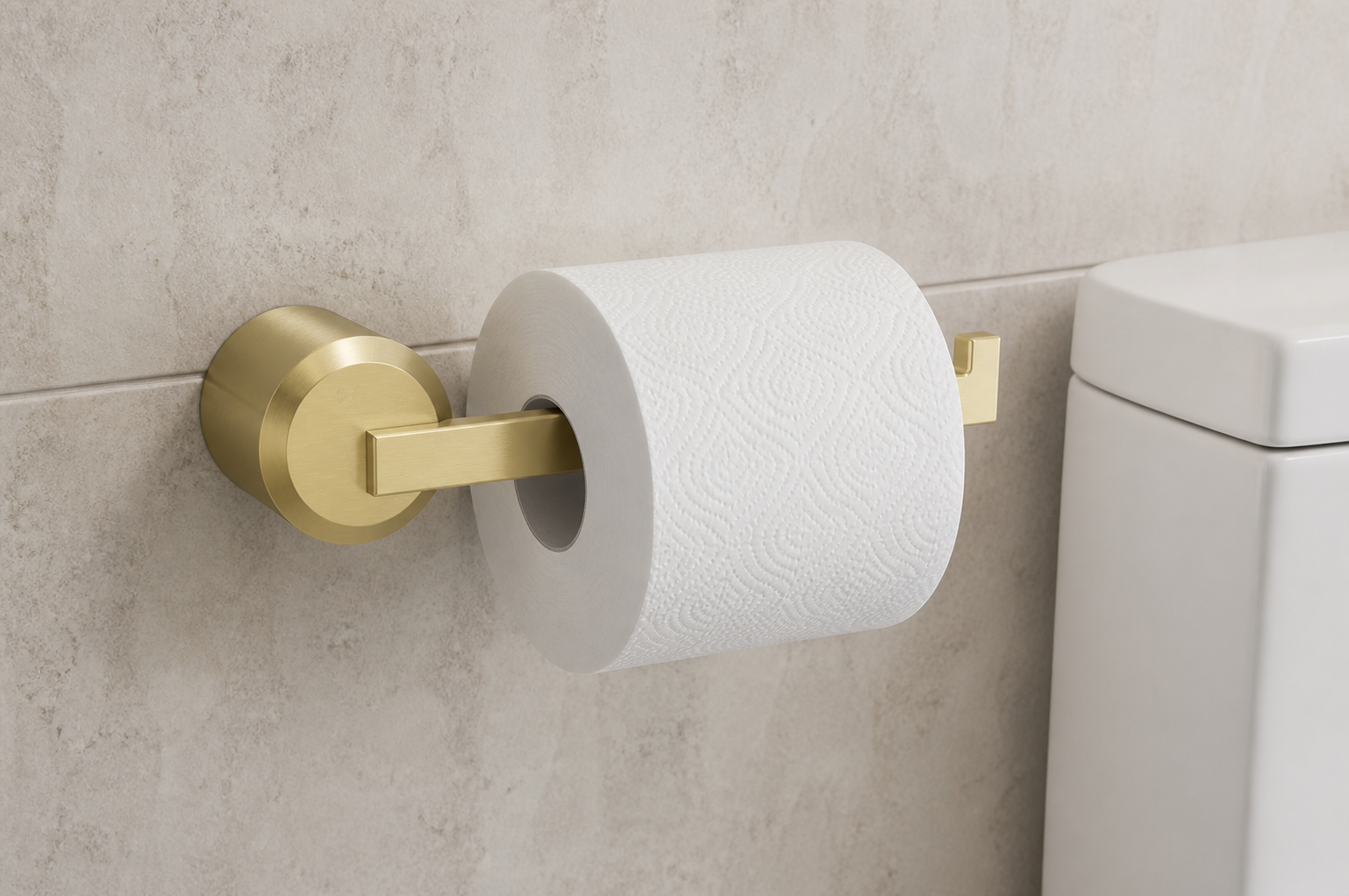 Deante Arnika brushed gold wall-mounted toilet paper holder lifestyle