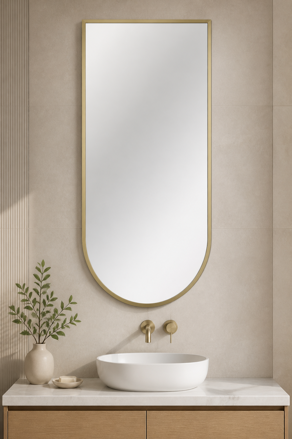 Deante Silia brushed gold framed bathroom mirror installed lifestyle