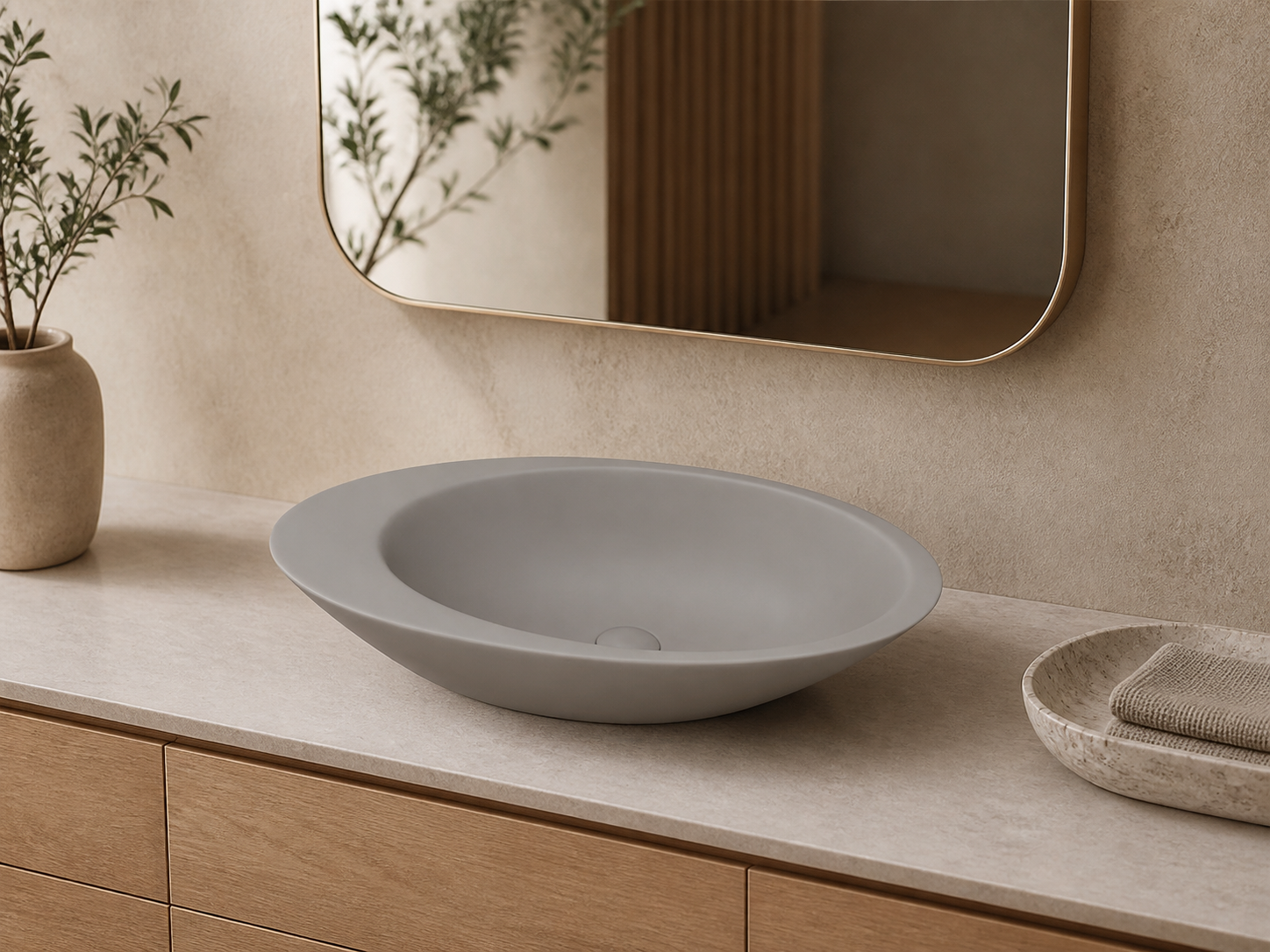 Sanovit Lucco Gocce taupe matte basin installed on vanity