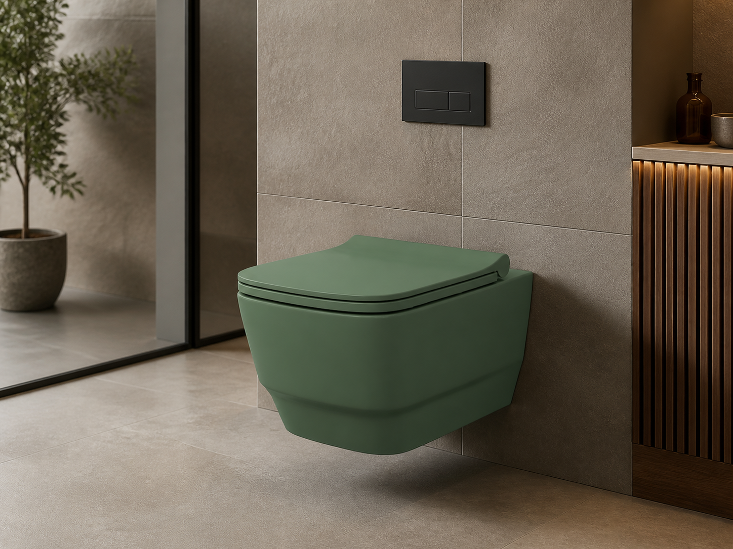 Sanovit Lucco Bello sage green wall-hung toilet installed in bathroom