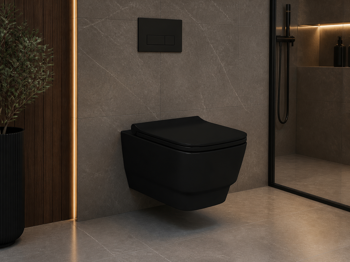 Sanovit Lucco Bello black wall-hung toilet installed in bathroom
