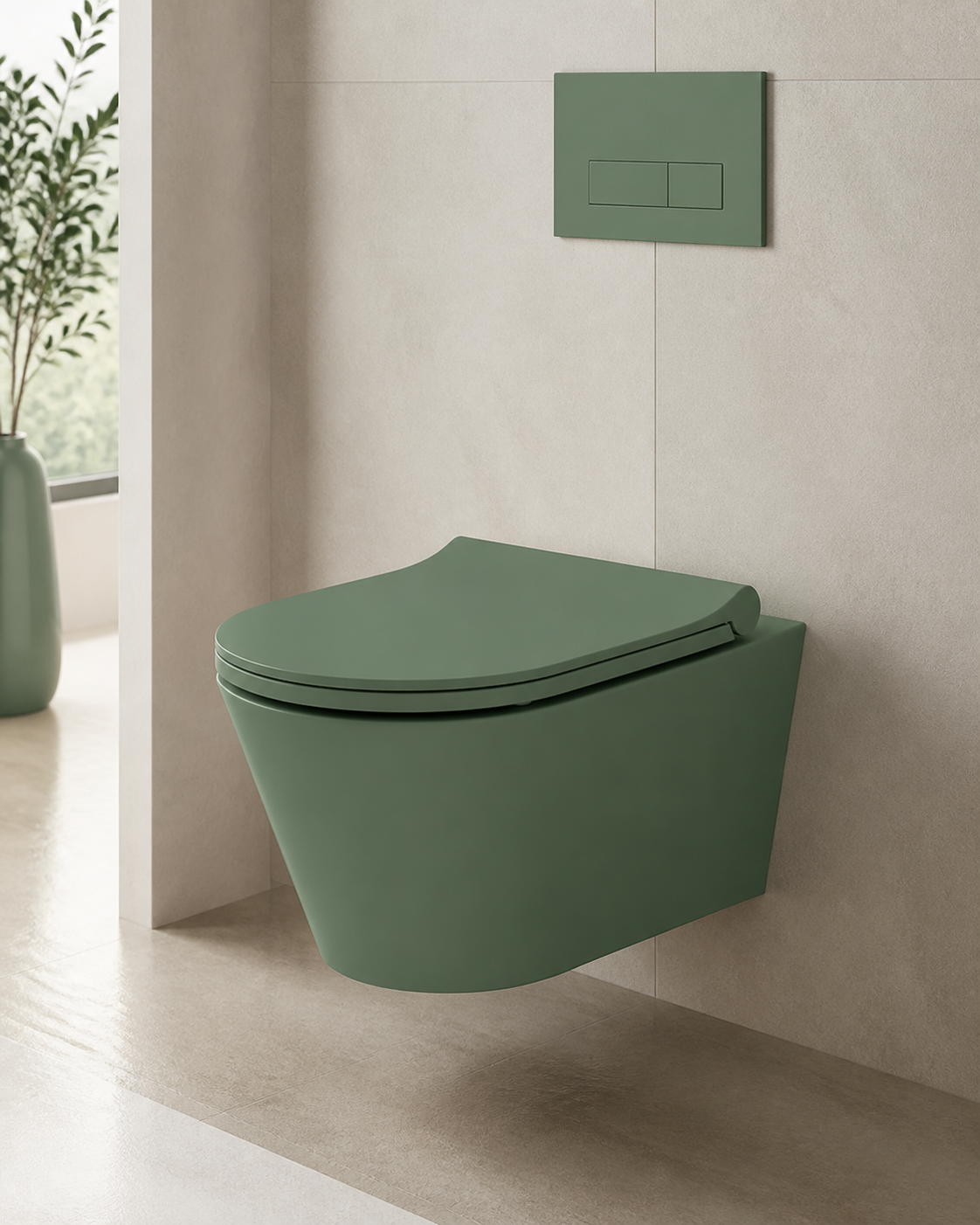Sanovit Lucco Avva matte green wall-hung toilet installed lifestyle