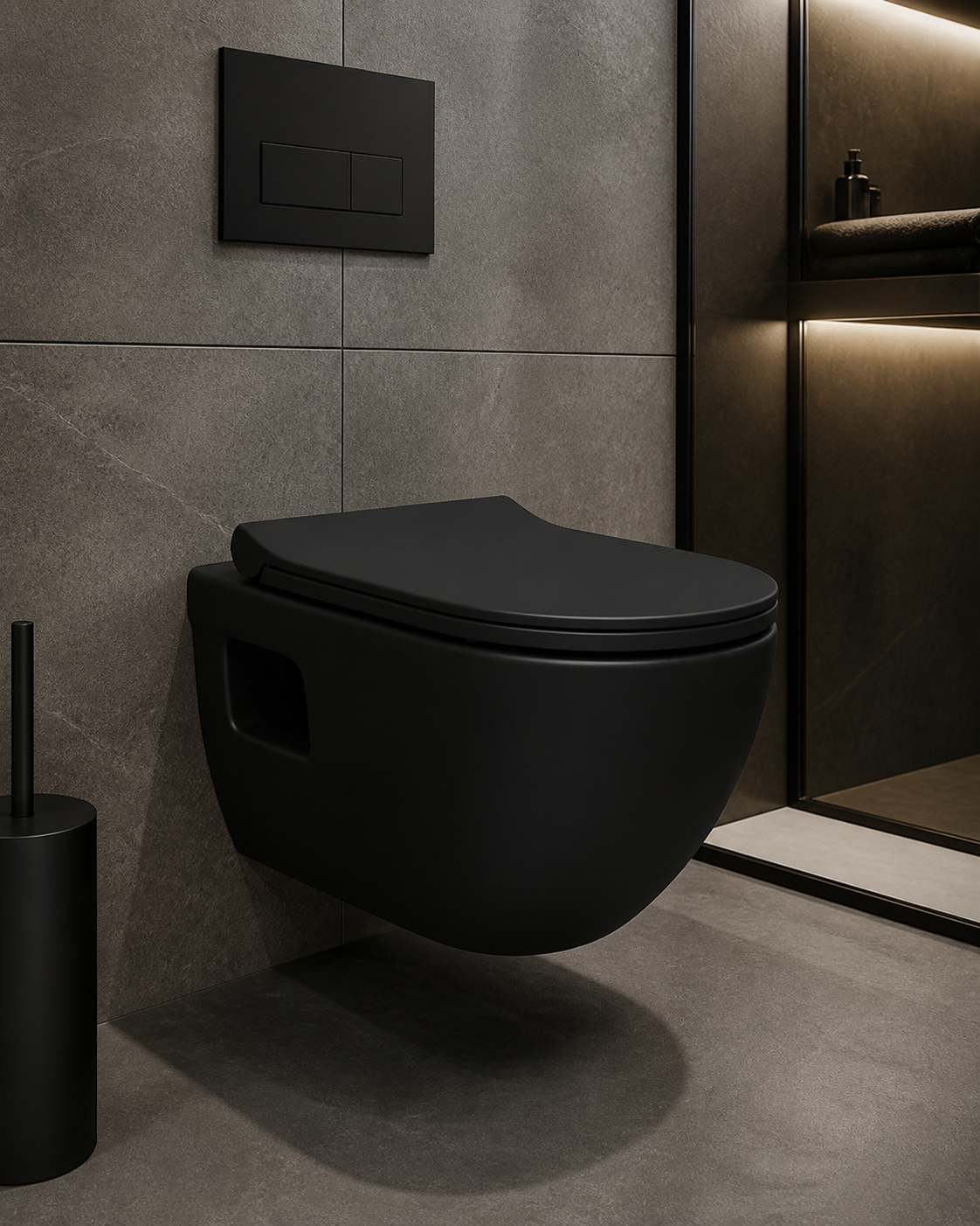 Sanovit Lucco Brilla matte black wall-hung toilet installed lifestyle