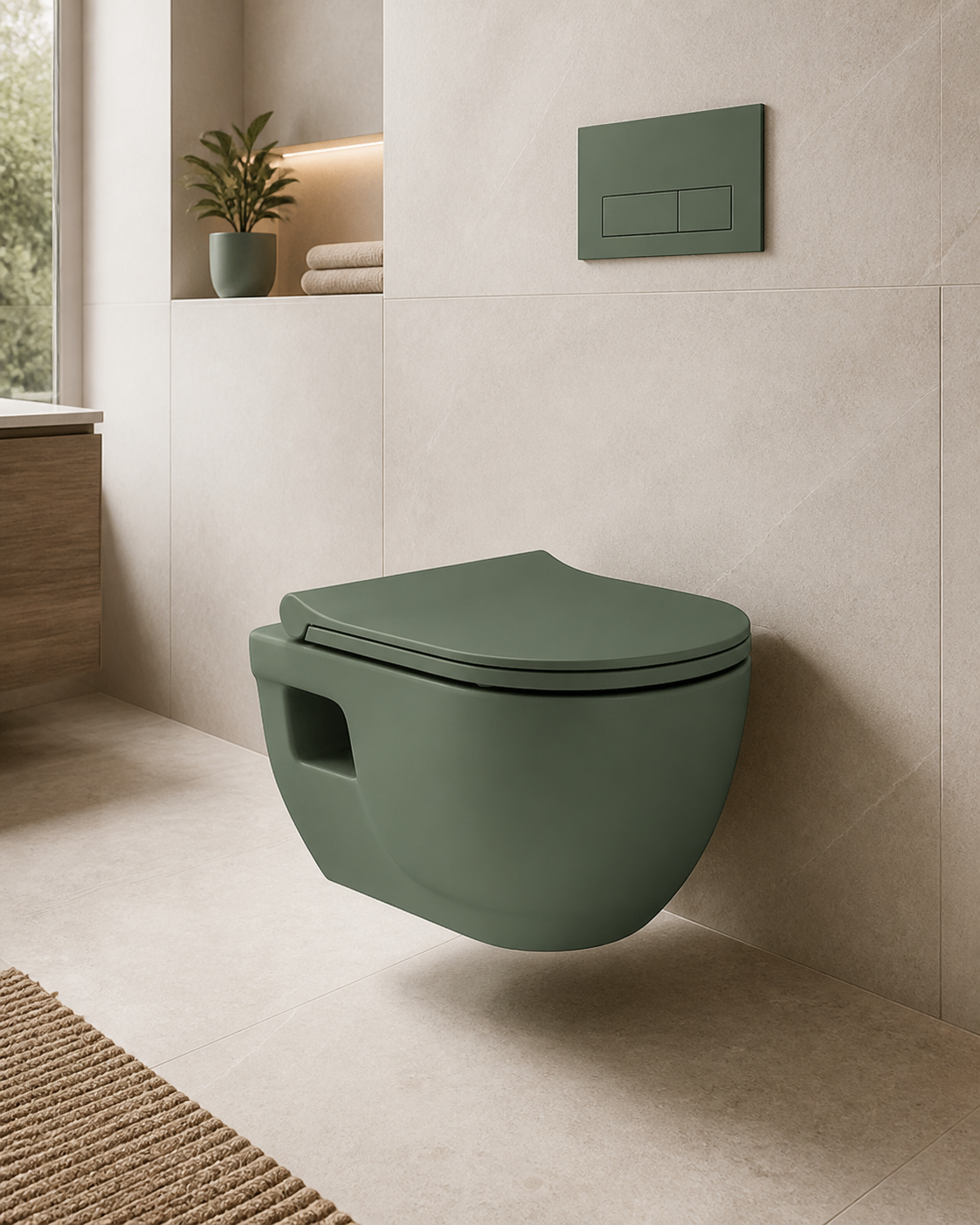 Sanovit Lucco Brilla matte green wall-hung toilet installed lifestyle