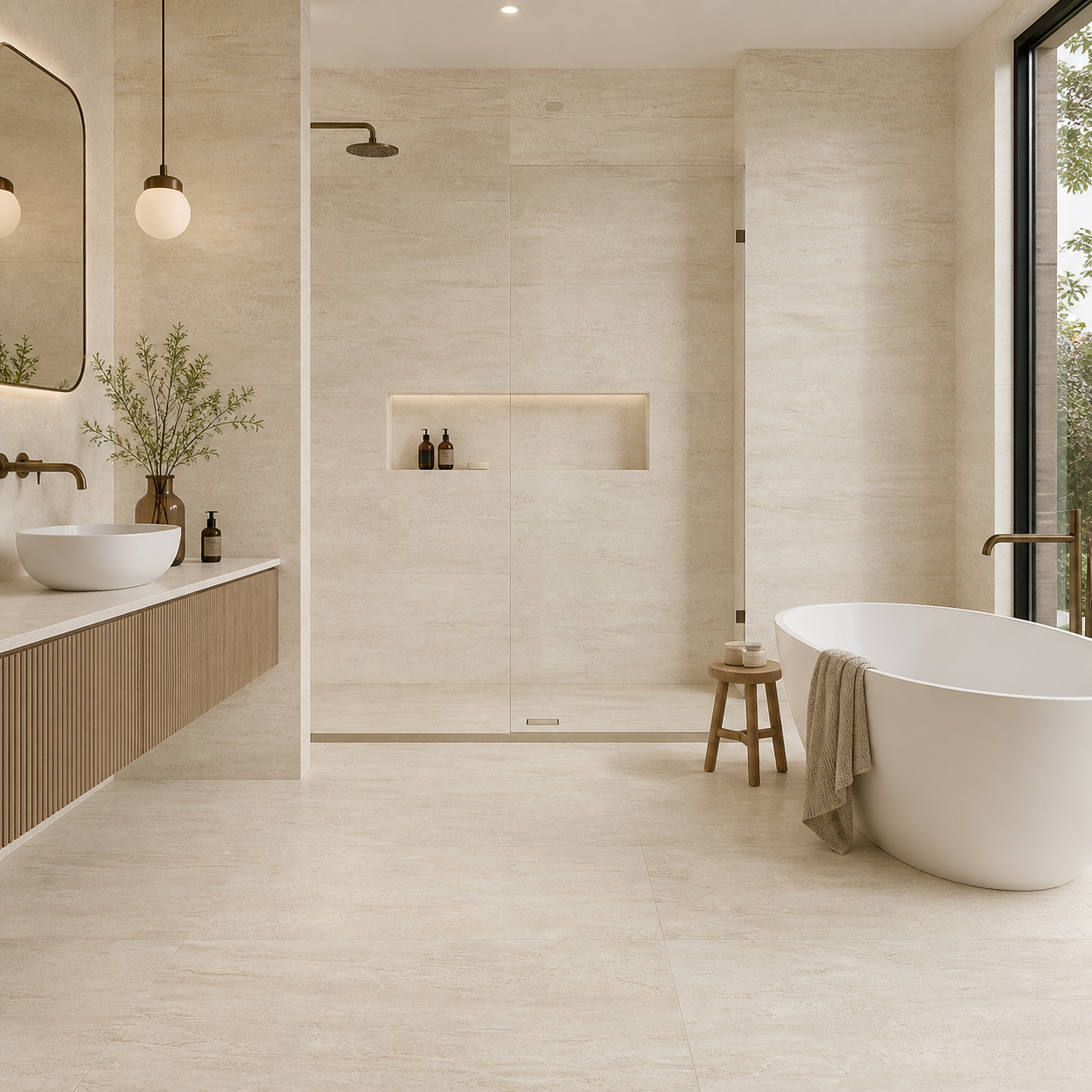 Tubądzin Fair Beige exact tile installed on bathroom walls and floor