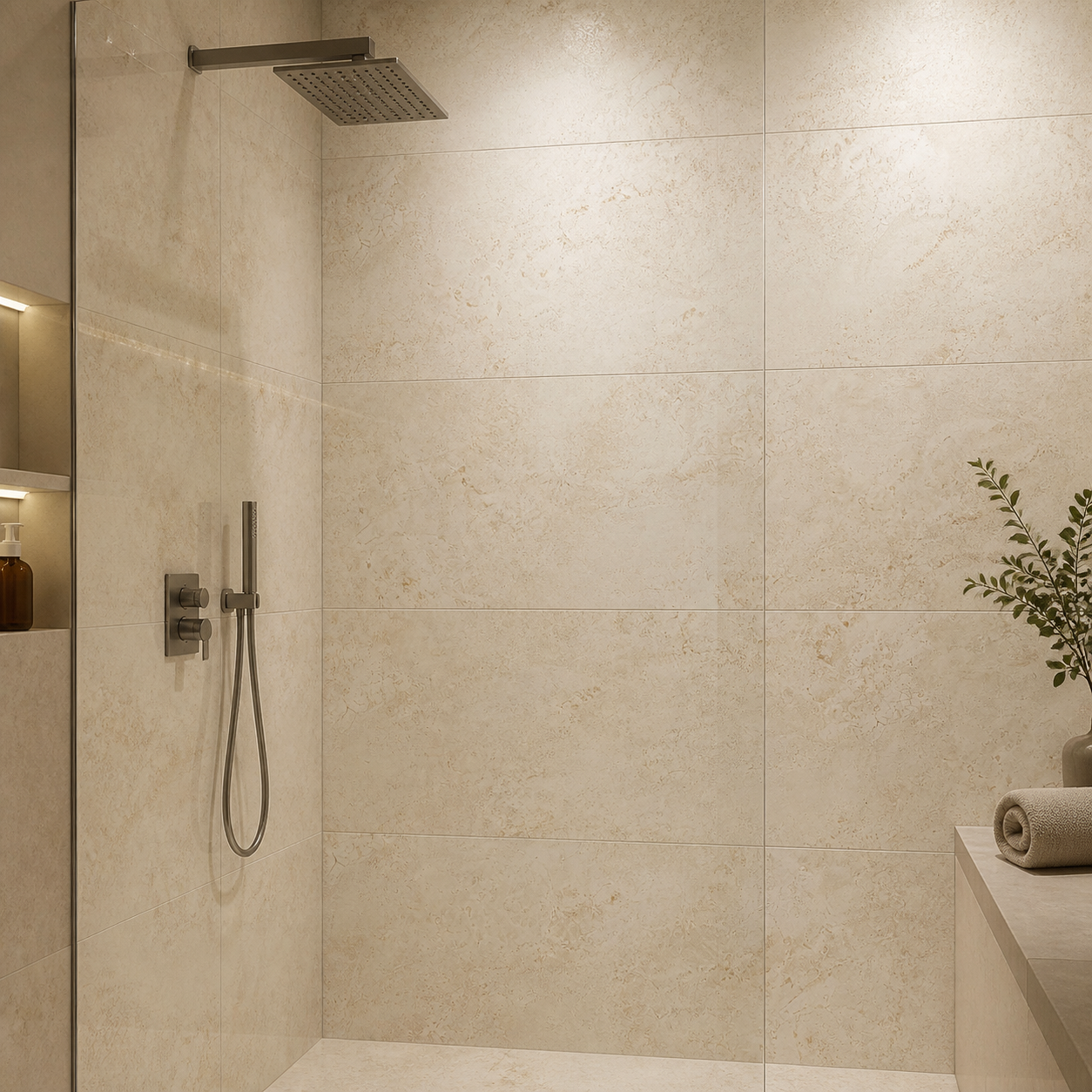 Tubądzin Domino Luno Beige exact tile installed in a shower