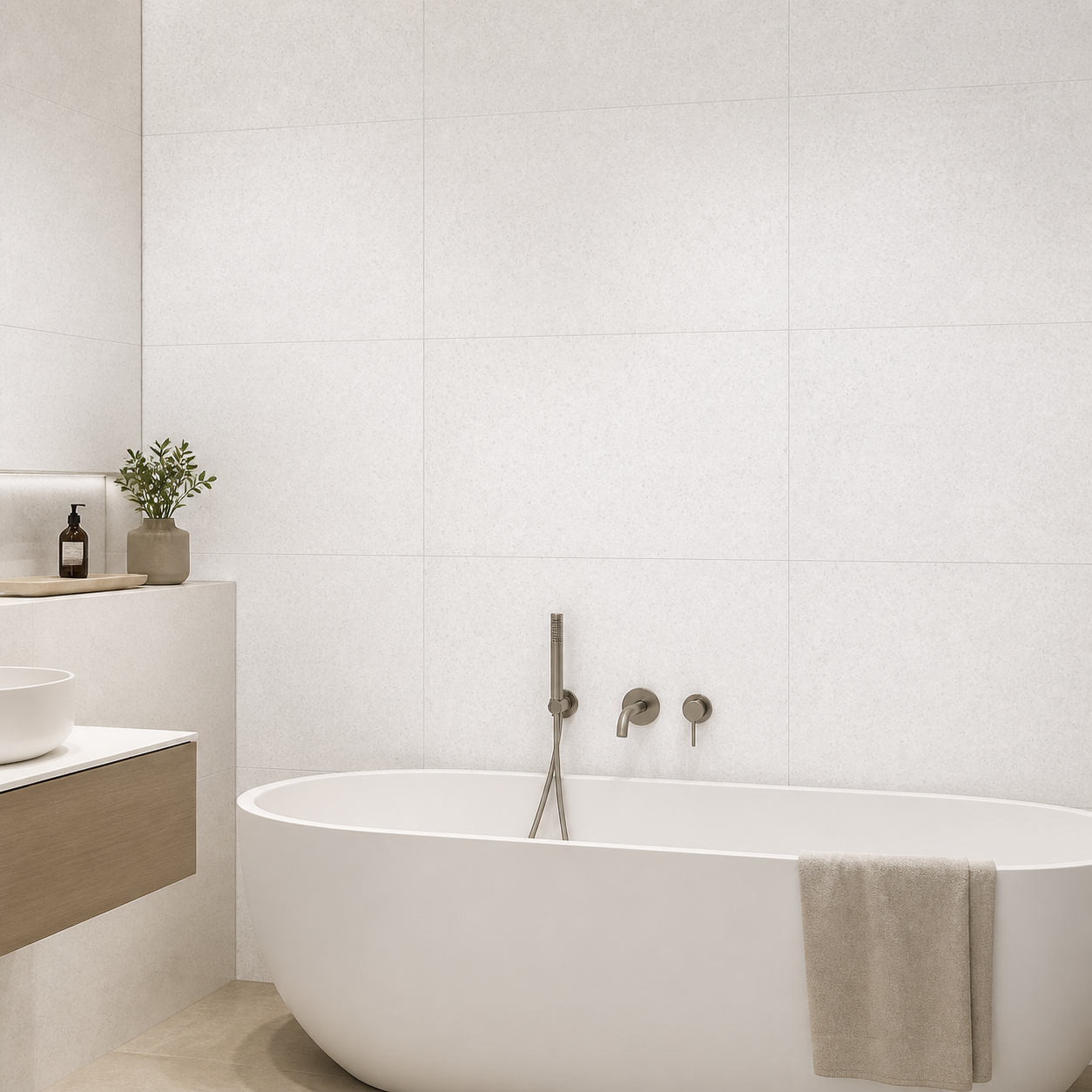 Tubądzin Domino Straight White exact tile installed around a bathtub