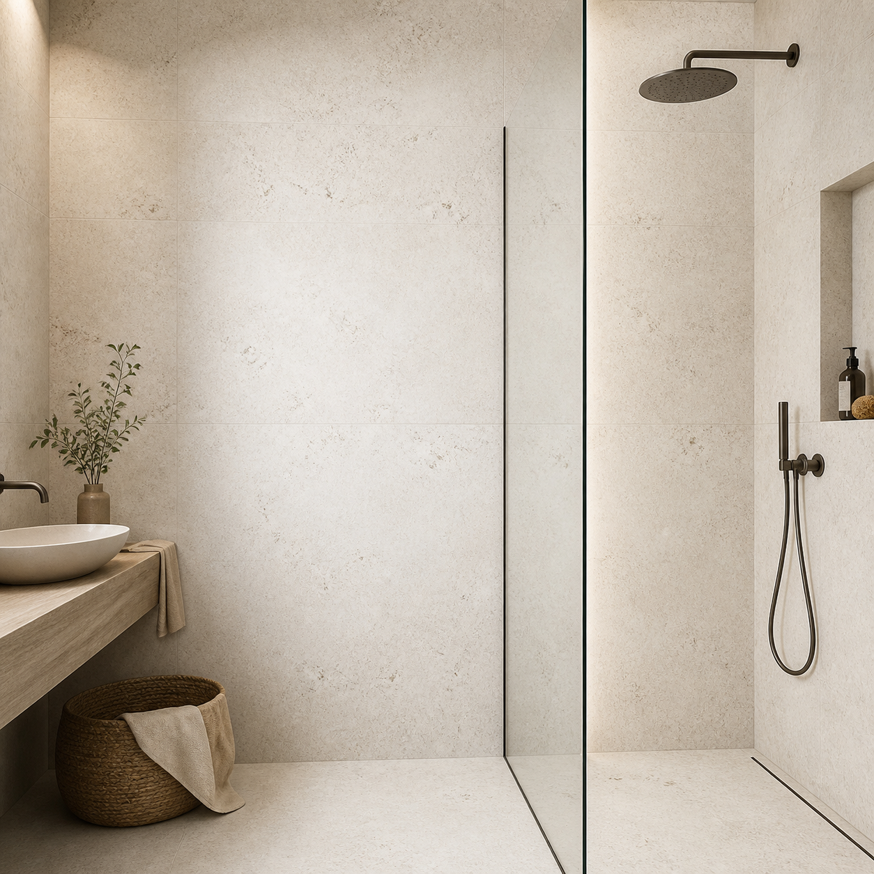 Tubądzin Domino Vanilla White exact tile installed in a shower